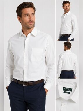 Lauren Ralph Lauren White Stretch Dress Shirt 16.5 34/35 Regular Fit Large Mens